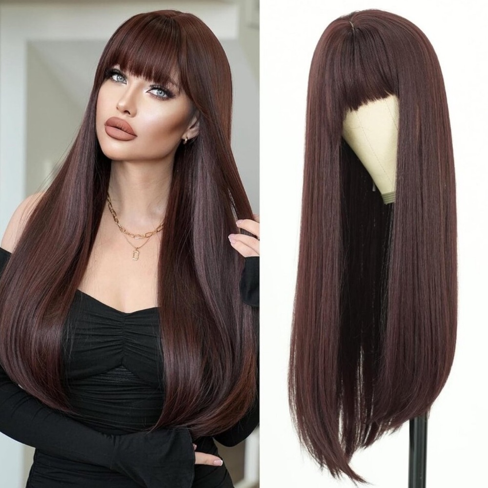28” Long Straight Reddish Brown Wig with bangs NEW